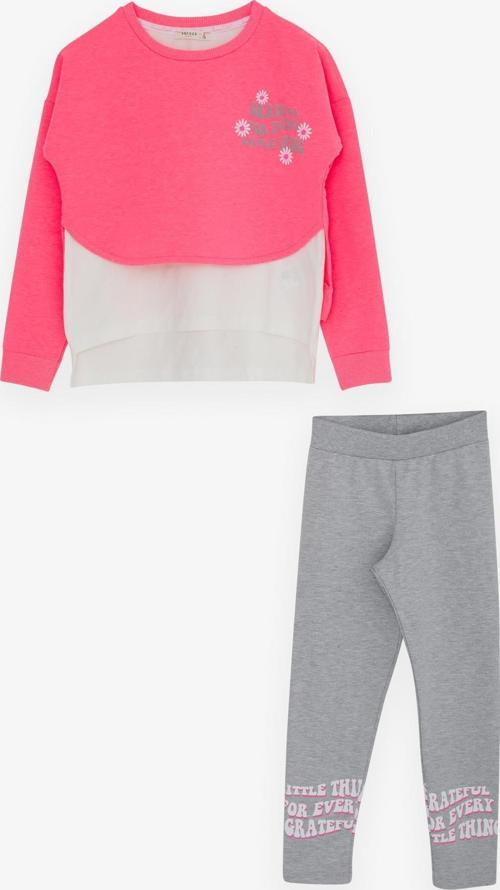 Kız Çocuk Taytlı Takım Yazı Çiçek Baskılı 8-12 Yaş, Neon Pembe