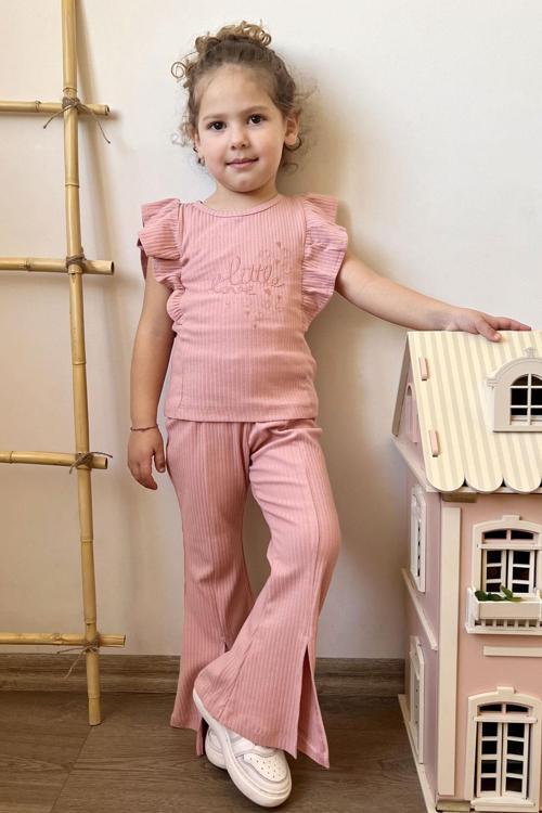 Kız Çocuk Taytlı Pantolon Yazı Nakışlı Paçası Yırtmaçlı 2-6 Yaş, Gülkurusu