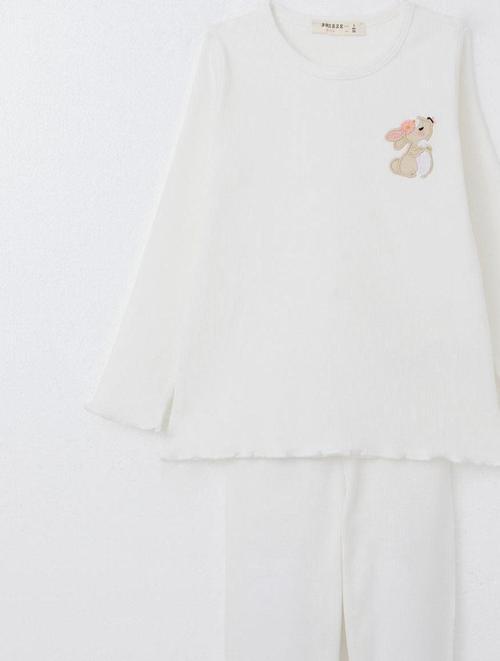 Kız Çocuk Taytlı Takım Sevimli Tavşancık Nakışlı 2-6 Yaş, Ekru