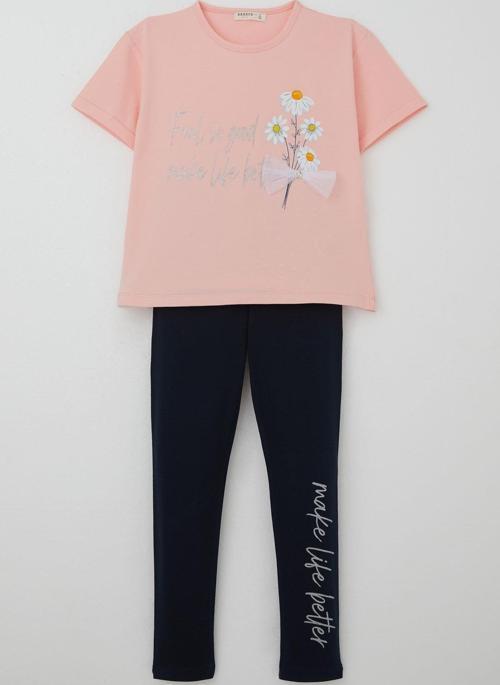 Kız Çocuk Taytlı Takım Çiçek & Yazı Baskılı Fiyonklu 5-10 Yaş, Pembe