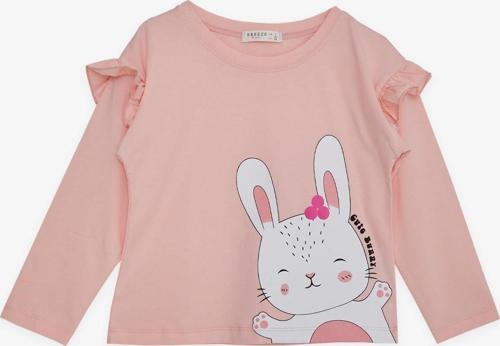 Kız Çocuk Uzun Kollu Tişört Sevimli Tavşancık Baskılı Omzu Fırfırlı 1-4 Yaş, Pembe