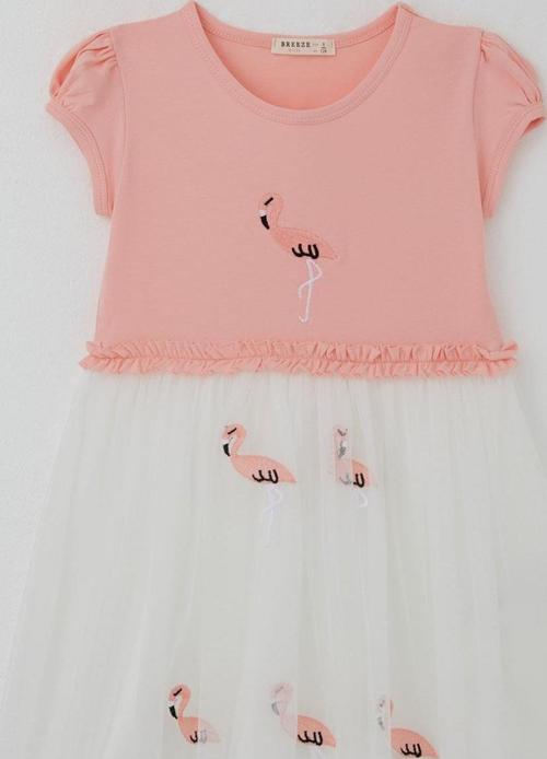 Kız Çocuk Elbise Sevimli Flamingo Nakışlı Tüllü 4-8 Yaş, Somon