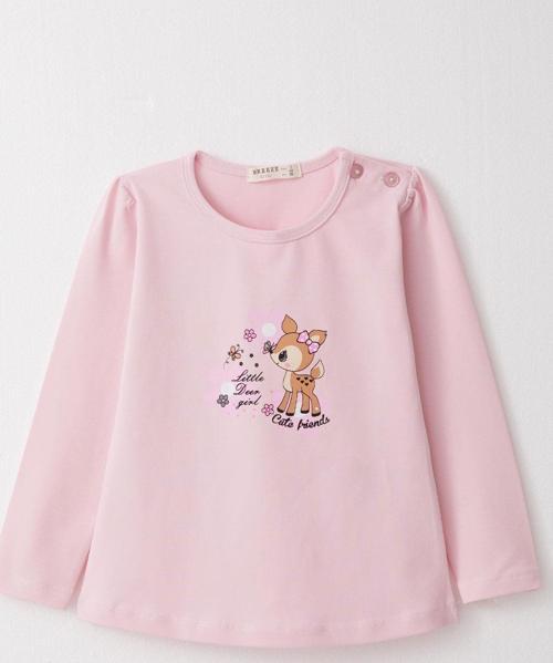 Kız Bebek Uzun Kollu Tişört Sevimli Ceylancık Baskılı 9 Ay-3 Yaş, Pembe
