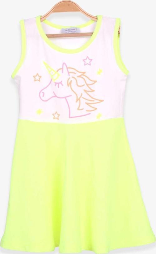 Macawı Kız Çocuk Elbise Unicorn Baskılı 3-7 Yaş, Neon Yeşil