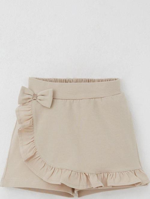 Kız Çocuk Şort Etek Fiyonk Aksesuarlı Fırfırlı 3-8 Yaş, Bej