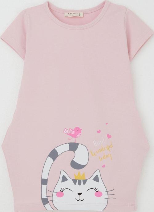 Kız Çocuk Tunik Elbise Dostluk Temalı Prenses Kedicik Baskılı 1.5-5 Yaş, Pembe