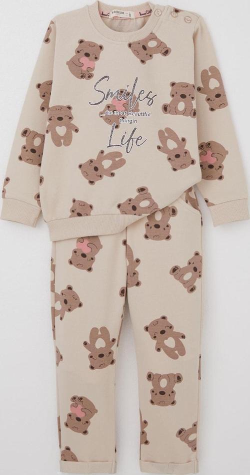 Kız Çocuk Eşofman Takımı Motivasyon Temalı Bebek Ayıcık Desenli 1-4 Yaş, Bej