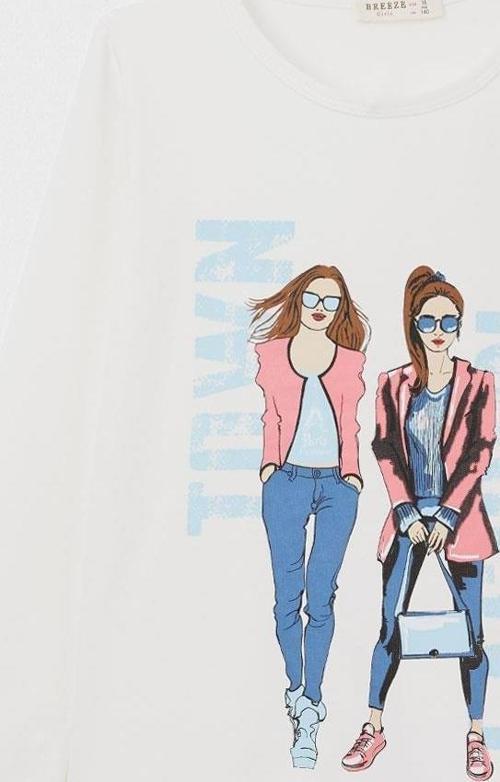 Kız Çocuk Uzun Kollu Tişört Moda Temalı Kız Baskılı 10-16 Yaş, Ekru