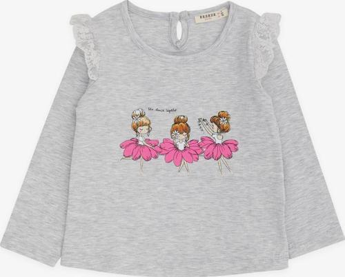 Kız Bebek Uzun Kollu Tişört Danscı Kız Baskılı Güpürlü 9 Ay-3 Yaş, Açık Gri Melanj