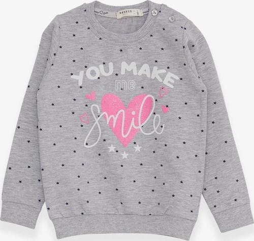 Kız Çocuk Sweatshirt Simli Kalp Baskılı 2-6 Yaş, Gri Melanj