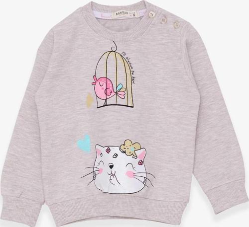 Kız Çocuk Sweatshirt Simli Kedicik Baskılı 1.5-5 Yaş, Bej Melanj