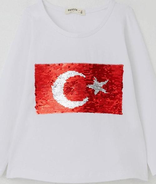 Kız Çocuk Uzun Kollu Tişört Pullu Ay Yıldız 4-14 Yaş, Beyaz