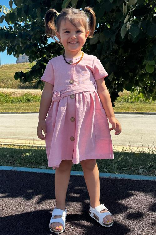 Kız Çocuk Keten Elbise Düğmeli Yanları Cepli 1.5-5 Yaş, Pembe