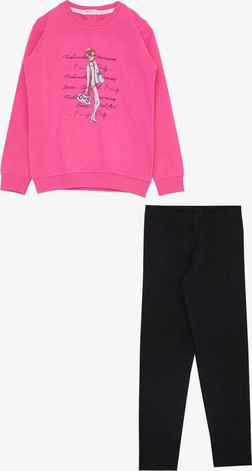 Kız Çocuk Taytlı Takım Moda Temalı Havalı Kız Baskılı 5-10 Yaş, Fuşya