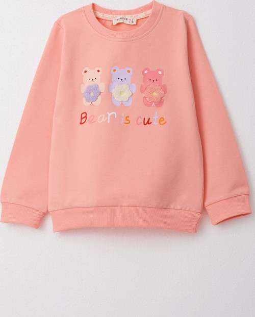 Kız Çocuk Sweatshirt Sevimli Ayıcıklar Baskılı 1.5-5 Yaş, Somon
