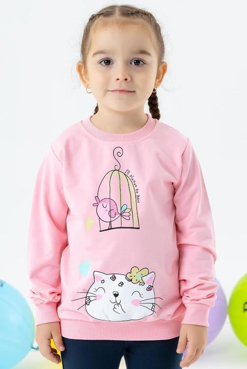 Kız Çocuk Sweatshirt Simli Kedicik Baskılı 1.5-5 Yaş, Pudra