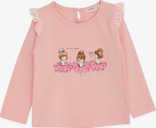 Kız Bebek Uzun Kollu Tişört Danscı Kız Baskılı Güpürlü 9 Ay-3 Yaş, Pudra