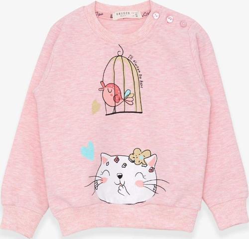 Kız Çocuk Sweatshirt Simli Kedicik Baskılı 1.5-5 Yaş, Somon Melanj