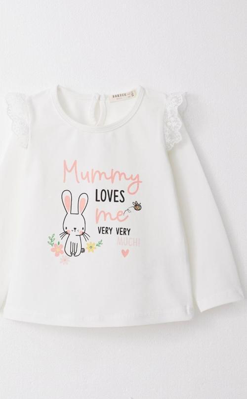 Kız Bebek Uzun Kollu Tişört Anne Sevgisi Temalı Tavşancık Baskılı Güpürlü 9 Ay-3 Yaş, Ekru