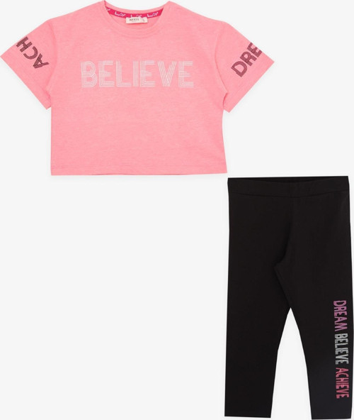 Kız Çocuk Kapri Taytlı Crop Takım Yazı Baskılı 8-12 Yaş, Neon Pembe
