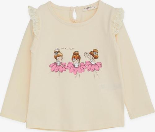 Kız Bebek Uzun Kollu Tişört Danscı Kız Baskılı Güpürlü 9 Ay-3 Yaş, Krem