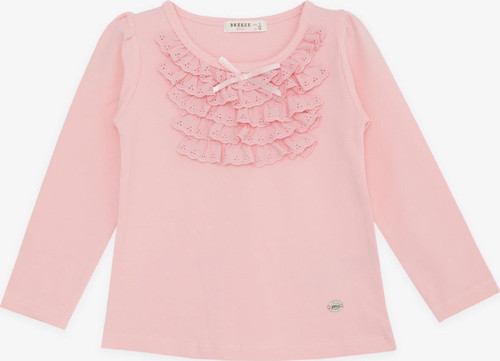 Kız Çocuk Uzun Kollu Tişört Güpürlü Fiyonklu 3-8 Yaş, Pembe