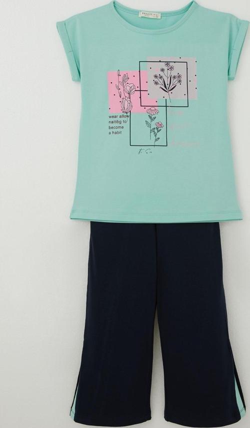 Kız Çocuk Pantolonlu Takım Çiçek Baskılı Yırtmaçlı 6-12 Yaş, Su Yeşili