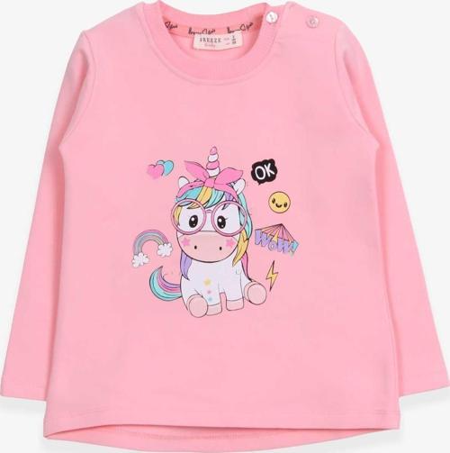 Kız Çocuk Sweatshirt Gözlüklü Unicorn Baskılı 1-4 Yaş, Pudra