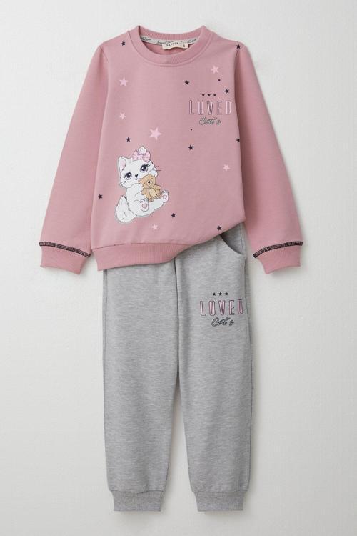 Kız Çocuk Eşofman Takım Sevimli Kedicik Baskılı 1.5-5 Yaş, Gülkurusu