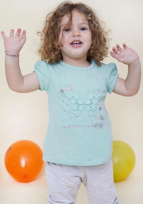 Kız Bebek Tişört Kelebek Baskılı Nakışlı 9 Ay-3 Yaş, Su Yeşili