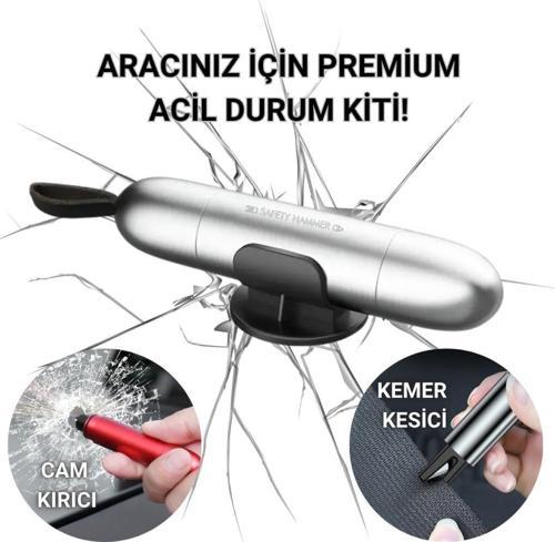 2in1 Araç İçi Cam Kırıcı ve Emniyet Kemer Kesici, Premium Acil Durum Kiti, Hayat Kurtarıcı Gri