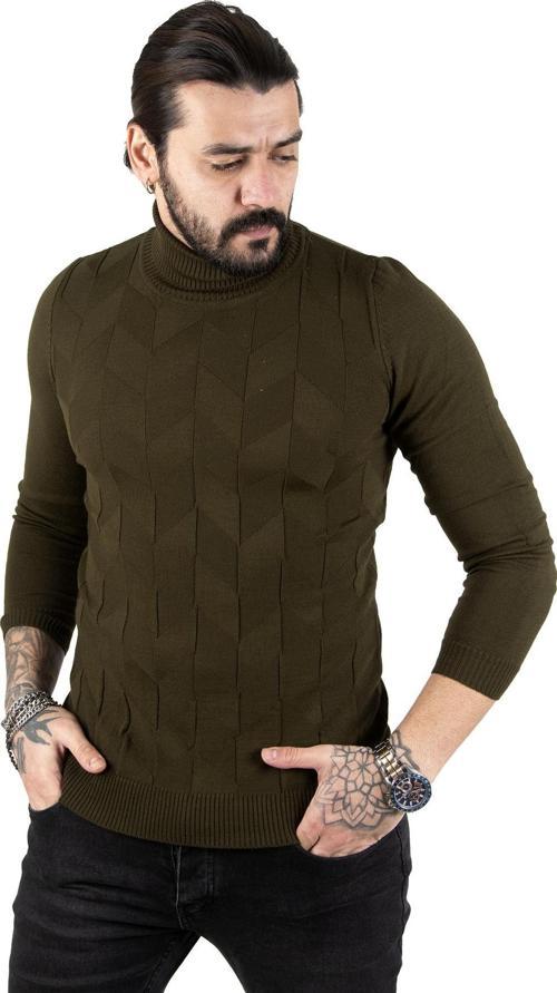 Erkek Haki  Desenli Tam Balıkçı Yaka Slimfit Kazak 2301462