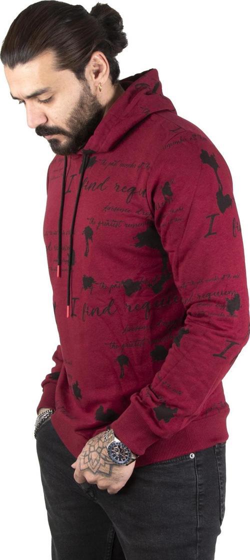 Erkek Bordo Önü ve Arkası Baskılı Kapüşonlu İki İplik Sweat 2301110