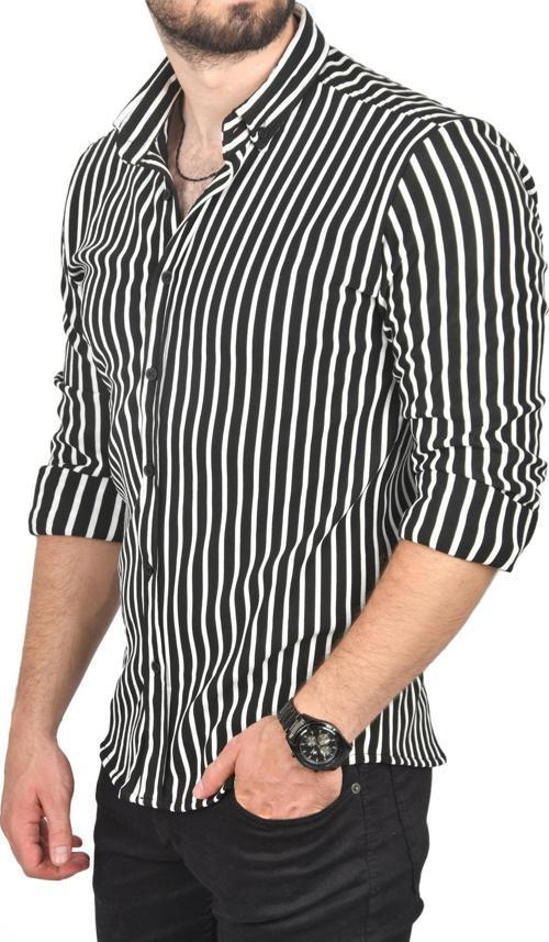 Erkek Siyah Slim Fit Dar Kesim Çizgili Spor Gömlek Pamuklu Likralı Gömlek 2501112