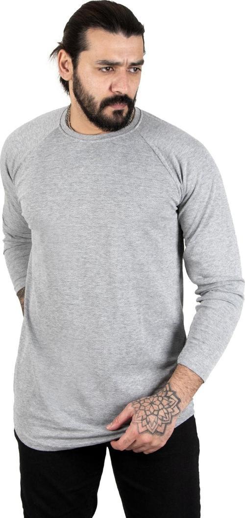 Erkek Gri Bisiklet Yaka Nokta Desenli Eteği Oval Kesim Likralı Sweatshirt 1900319