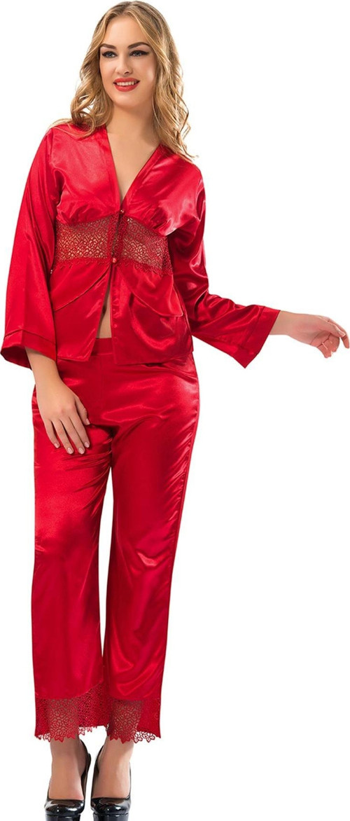 Kırmızı Saten Pijama Takımı - 1601
