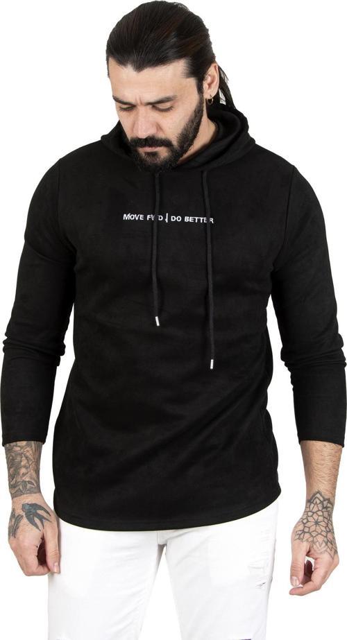 Erkek Siyah Önü Move Nakışlı Kapüşonlu Yeni Sezon Kadife Sweatshirt 2303083