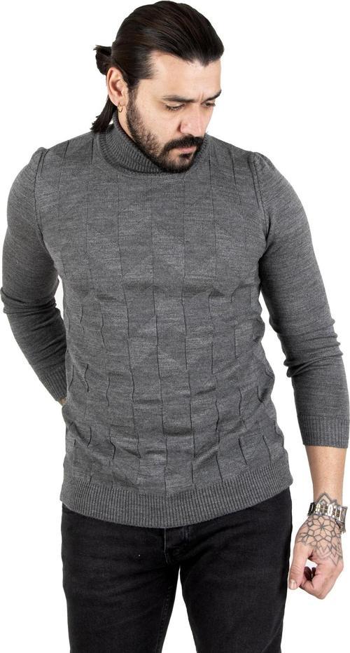 Erkek Antrasit  Desenli Tam Balıkçı Yaka Slimfit Kazak 2301462