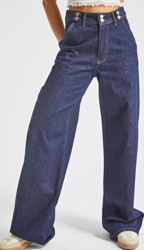 Kadın İndigo Renk 7w5-50 Kemer Detaylı Wide Leg Fit %100 Koton Denim Jean
