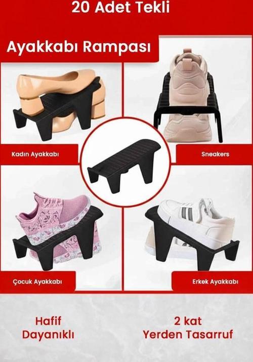 20 Adet Tekli Ayakkabı Rampası, Dolap İçi Düzenleyici, 2 Kat Yer Açan Ayakkabılık Organizer