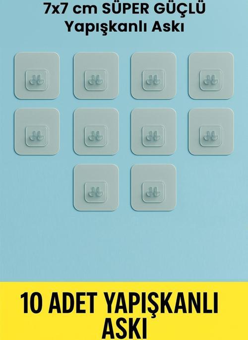 10 Adet 7x7cm Yedek Süper Güçlü Yapışkanlı Askı, 20KG Banyo - Mutfak Raf Tutucu Sticker, Delmesiz