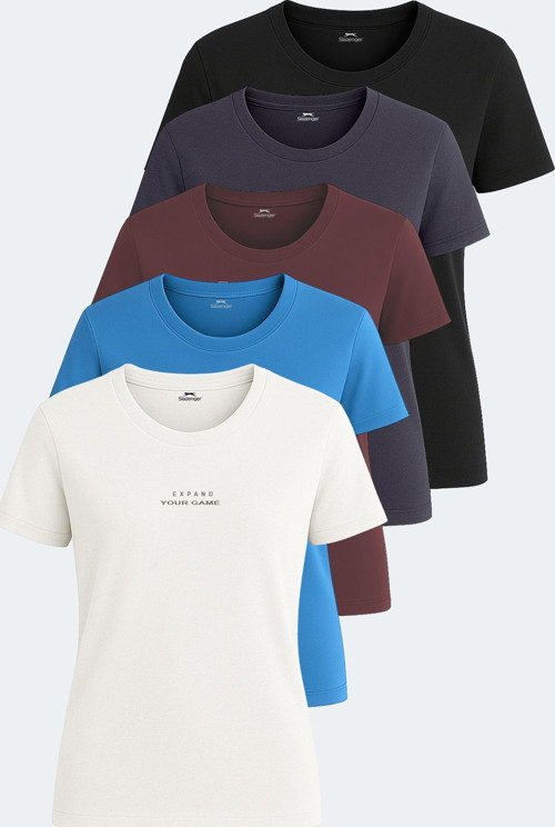 PAYTONS 5 li Set Kadın Tişört Ekru - Siyah - Koyu Gri - Bordo - Mavi