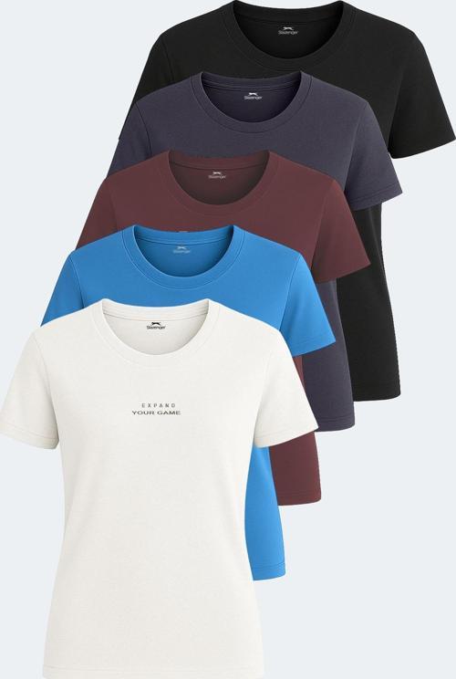 PAYTONS 5 li Set Kadın Tişört Ekru - Siyah - Koyu Gri - Bordo - Mavi