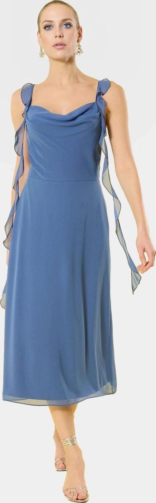 Astarlı Şifon Elbise A Kesim Midi Boy Büzgülü Kol Konforlu Seçkin Malzeme