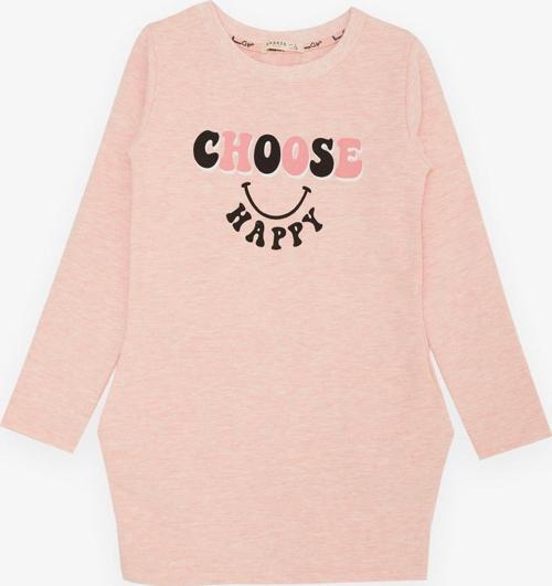 Kız Çocuk Tunik Mutluluk Temalı Yazı Baskılı 8-12 Yaş, Somon Melanj