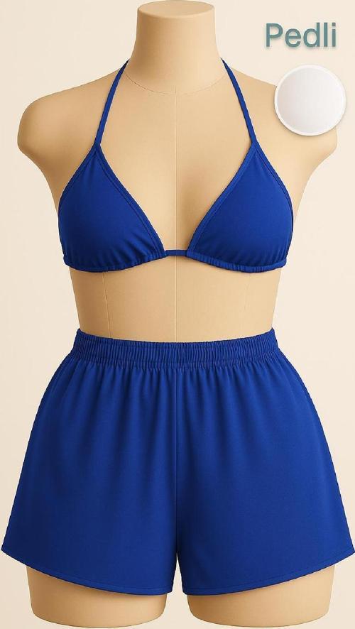Kadın Mavi Şortlu Belden Ve Boyundan Bağlamalı Bikini Takımı