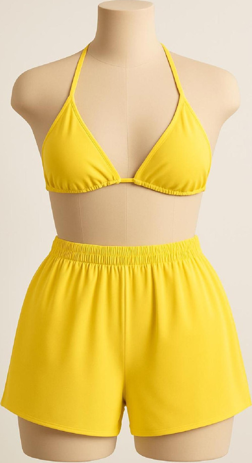 Kadın Sarı Şortlu Belden Ve Boyundan Bağlamalı Bikini Takımı