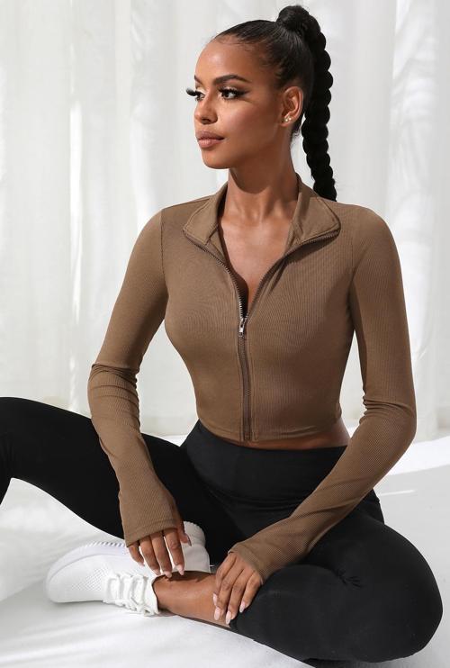 Kadın Kahverengi Uzun Kol Fermuarlı Parmak Geçme Detaylı Dik Yaka Crop Top Bluz