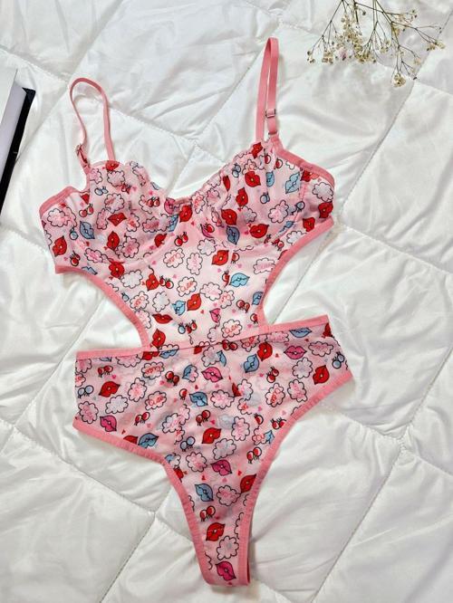 Öpücük Desenli Pembe Bodysuit