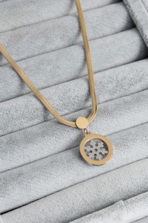 Çelik Gold Renk İtalyan Zincir Model Gümüş Kar Tanesi Figür Kadın Kolye